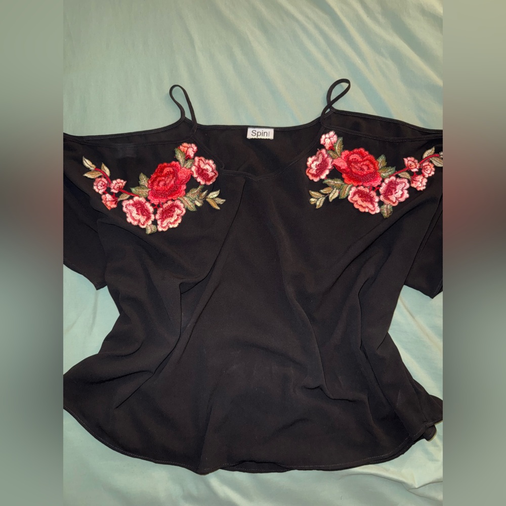 SPIN Plus Black Cold Shoulder Top with Floral Embroidery